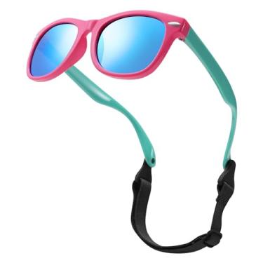 Imagem de LIU·WEN Óculos de sol polarizados fofos para bebês – Flexível dobrável com alça para recém-nascidos, meninos e meninas de 0 a 24 meses, Espelho A4 Rosa-Verde/Azul, mdeium