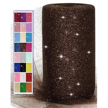 Imagem de Rolos de tecido de tule com glitter, 15 cm 50 jardas (45,7 metros) fita de lantejoulas para saia tutu embrulho de presente decoração de festa de casamento (marrom)