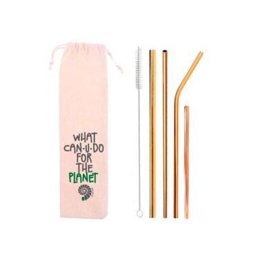 Imagem de Kit 6 em 1: 4 canudos de inox (shake 8mm) + Escova + Ecobag What - CAN