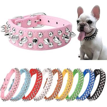 Imagem de Pimaodog Coleira para cachorro cravejada, coleira ajustável de couro macio para cães pequenos e médios Bulldog Pitbull Mastim Poodle Boxer (M, Rosa-2)