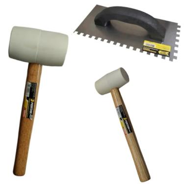 Imagem de Kit-1 Desempenadeira Dentada Aço+1 Marreta Borracha Branca 60mm+ 1 de 40mm Fertak