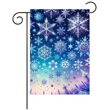Imagem de Pickako Lindo floco de neve paisagem de inverno fantasia floresta floco de neve bandeira de jardim 30,5 cm pequena vertical dupla face decoração externa sazonal para quintal de fazenda