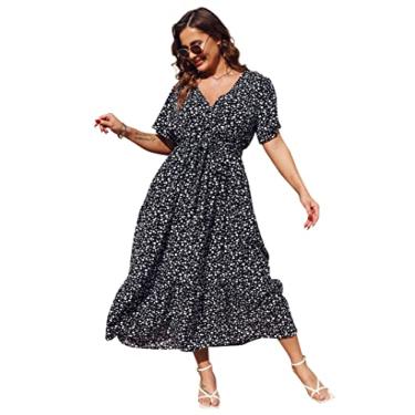 Imagem de KOJOOIN Vestido longo feminino plus size com decote em V, cintura alta, babados, manga curta, vestido casual de verão com cinto, Flor preta, GG