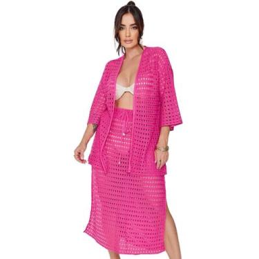 Imagem de Conjunto de Tricot Rendado Furadinho Croche kimono e saia fenda latera