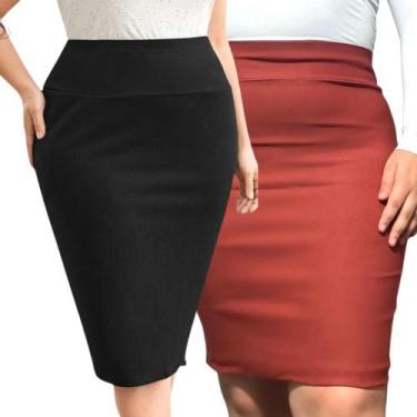 Imagem de Kit 2 Saia Lapis Midi Bengaline Feminina Lisa Secretária Cintura Alta 