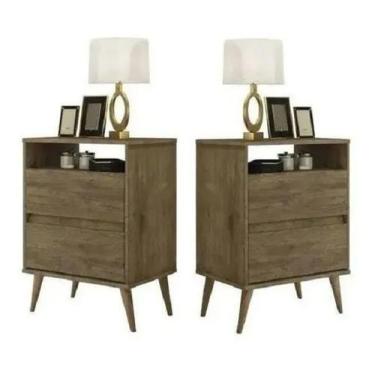 Imagem de KIT 2 Mesas de Cabeceira Retro Lotus 2 Gavetas J&A Móveis, Jequitiba