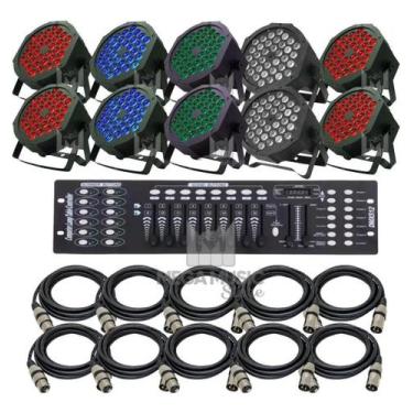 Imagem de 10 Canhão Refletor Led Par 64 Rgb Triled 36 Leds 3w + Mesa + Cabos 5m 