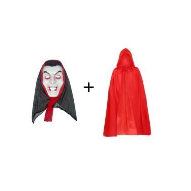 Imagem de Kit Mascara Vampiro Draculo C/ Capuz + Capa Vermelha C/ Capuz Fantasia