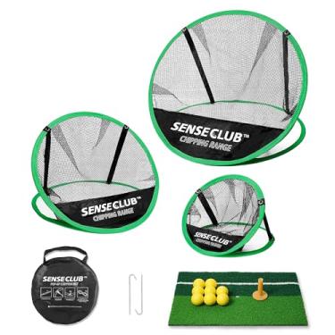 Imagem de SENSECLUB Rede de lascas de golfe, rede de lascas pop-up e tapete, rede de prática de alvo de golfe com camiseta e bolas, acessórios de jogos de golfe de quintal, presentes de golfe para jog