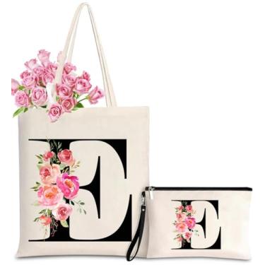 Imagem de Sacola de lona inicial para mulheres, sacolas personalizadas com monograma com bolsa de presente de maquiagem para casamento, damas de honra, aniversário, Letter_e, One Size