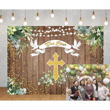 Imagem de Fundo de madeira rústica God Bless First Holy Communion Baptism Baby Shower Holy Dove Photography Background Eucalyptus Leaves Golden Cross Party Decor Supplies 20 x 1,5 m