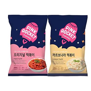 Imagem de Kit Topokki Bolinho de Arroz Coreano Instantâneo sabor Carbonara e Picante Original Pink Rocket Pouch 240g - 2 Pacotes