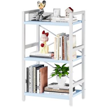 Imagem de Homeiju Estante de livros, estante industrial de 3 camadas, estante pequena de metal, organizador rústico de armazenamento de estante etágere para sala de estar, quarto e escritório em casa (azul)