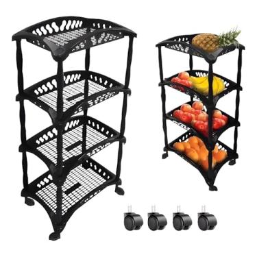 Imagem de Fruteira Organizadora Vertical, 4 Andares, Prateleiras Teladas, com Rodas, Preta