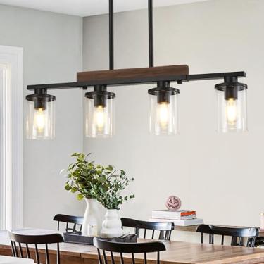 Imagem de CmnVmn Luminárias Pendentes De Cozinha De 29,3'', Lustre De 4 Luzes Para Sala De Jantar Sobre A Mesa, Luminárias Pendentes De Teto De Madeira Rústica Moderna Preta, Com Cúpula De Vidro Transparente,