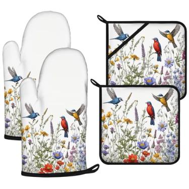 Imagem de Conjunto de luvas de forno e suportes de panela Wildflowers Birds 4 peças, luvas de forno extralongas para cozinha, cozinhar, assar, churrasco, 100% algodão, resistente ao calor