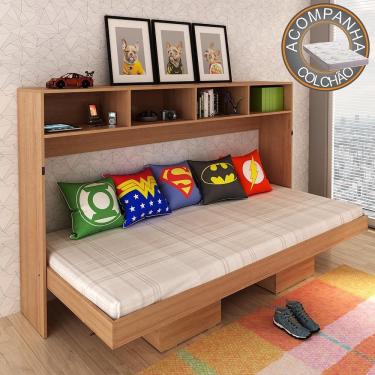 Imagem de Cama Articulada Horizontal Solteiro com Nichos CM8020 Amêndoa Tecnomobili + Colchão Ortobom