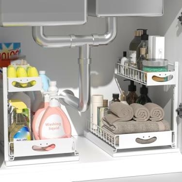 Imagem de Organizador embaixo da pia, rack de armazenamento deslizante de 2 camadas, prateleiras de metal preto para suprimentos de limpeza