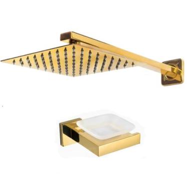 Imagem de Kit Chuveiro Ducha 30cm Parede Dourado + Saboneteira Metal - Fine Meta