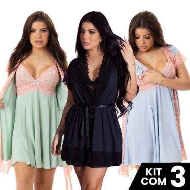 Imagem de Kit 3 Robes Roupão e 3 Camisolas Amamentação Pós Parto Liso Com Renda 