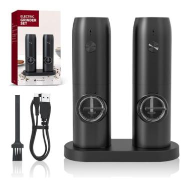 Imagem de Kit 2 Moedor Elétrico Automático De Aço Ajustável Gourmet Sal Grosso Pimenta Tempero Cafe Graos Triturador Temperos Recarregável via USB Portatil (Com suporte)