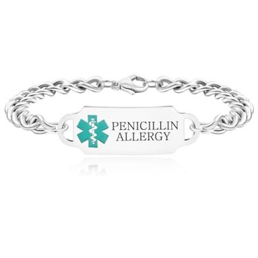 Imagem de Zircobic Pulseira de identificação médica esportiva hipoalergênica à prova d'água, joia médica durável de aço inoxidável, pulseira personalizada de alerta de saúde para homens e mulheres, pulseira de