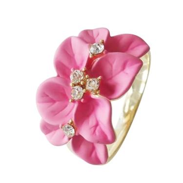 Imagem de Navachi Anel de flor de folhas de esmalte de cristal transparente banhado a ouro 18 k, 9, Zinco Zinco Esmalte, Cristal