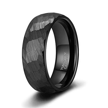Imagem de TRUMIUM Aliança de casamento masculina preta de 6 mm, 8 mm, anéis de carboneto de tungstênio para homens e mulheres, martelados, multifacetados, acabamento fosco, anéis de compromisso, casal, tamanho 6-14, Tungstênio