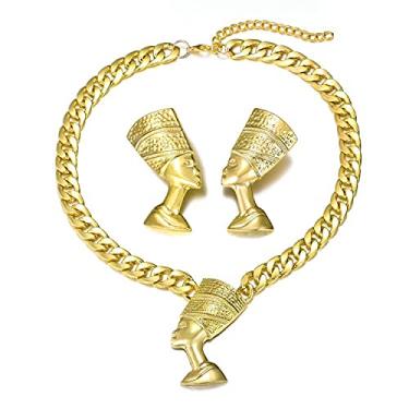 Imagem de Sajayea Conjunto de colar com pingente Nefertiti banhado a ouro 18K egípcio Queen para mulheres joias egípcias, Liga de cobre, n