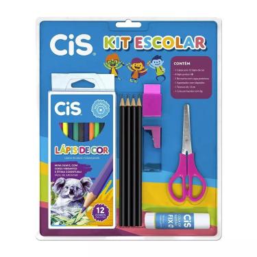 Imagem de Kit Escolar Rosa 9 Peças Cis com 12 Lápis de Cor