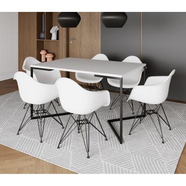 Imagem de Mesa Industrial Jantar Retangular Branca 137x90cm Base V com 6 Poltronas Brancas Eames Eiffel Ferro