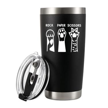 Imagem de Tesoura de papel de rocha, copo isolado a vácuo, presentes para gatos, namorada, namorado, irmã, irmão, amigo, mãe, pai, pata, aço inoxidável, tampa removível, caneca de viagem, 590 ml, preta