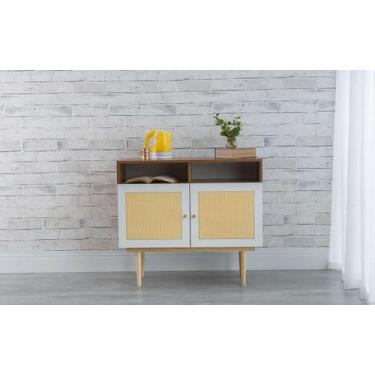 Imagem de Balcão Buffet Pés Palito Madeira 2 Portas Com Nichos Mdf E Palhinha Es