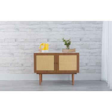 Imagem de Balcão Buffet Pés Palito Madeira Pequeno 2 Portas Mdf E Palhinha Estil