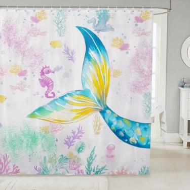 Imagem de Feelyou Cortina de chuveiro sereia para decoração de banheiro 182,88 cm x 182,88 cm cortina de banho infantil vida oceânica animal marinho para barracas banheiras para meninos meninas adolescentes