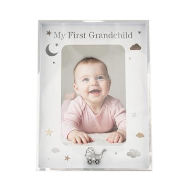Imagem de Happy Homewares Porta-retrato My First Grandchild banhado a prata 10 x 15 cm com estrelas e nuvens de folha dourada e prata | Carrinho de bebê com diamantes transparentes | Parede ou mesa