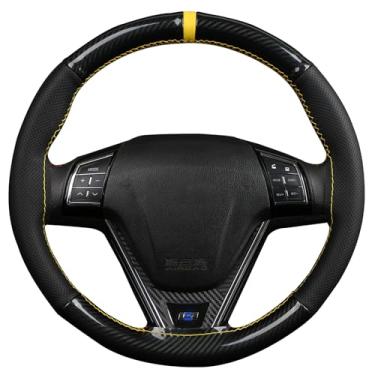 Imagem de Capa de volante com costura universal em fibra de carbono brilhante e couro de microfibra, design de 4 painéis, adequado para a maioria dos carros, amarelo
