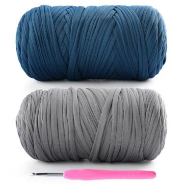 Imagem de Pacote com 2 fios de camiseta para crochê - 800 g/260 m, camisetas de tecido elástico macio para sacos de crochê, cestos, decoração de casa com 1 agulha de crochê (2, cinza claro + azul jeans)