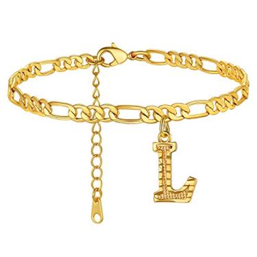 Imagem de Tornozeleiras GoldChic Jewelry com iniciais, personalizadas à prova d'água 4,5 mm de largura redimensionáveis 18K banhado a ouro corrente Figaro inicial letra tornozelo pulseiras para mulheres meninas joias de verão, 22-27 cm de comprimento