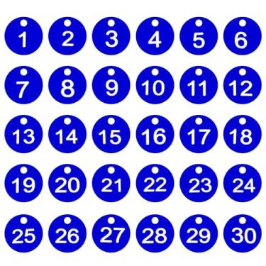 Imagem de PATIKIL 1-30 etiquetas numeradas de plástico redondo numerado identificação identificação chave pendurar etiqueta para chaveiro de dormitório caixa de armário de academia, azul com texto branco
