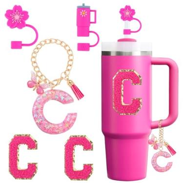 Imagem de Conjunto de acessórios para copo Stanley Cup 850.5 g 1,134.0 g copo com alça, incluindo tampa de cobertura de palha de silicone, pingente de alça, adesivo de iniciais fúcsia (C)