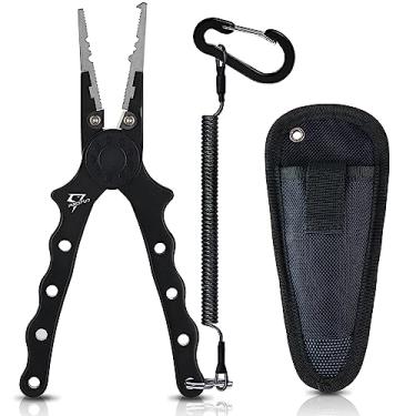 Imagem de Piscifun Alicate de pesca, alicates de pesca de água salgada com anel dividido, removedor de anzol, alicate de pesca com mosca resistente à corrosão com cortadores de trança, bainha e cordão, presentes de equipamento de pesca para homens, preto..