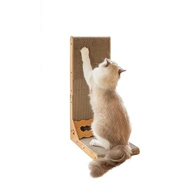 Imagem de Arranhador de papelão para gatos em forma de L, almofadas de arranhar de montagem rápida para gatos internos, almofada vertical para arranhar gatos de 60 cm com bola de brinquedo, madeira de cor