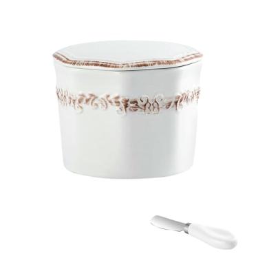 Imagem de Manteiga de cerâmica poligonal doméstica, pote selado de armazenamento simples - branco retrô (com faca de aço inoxidável)