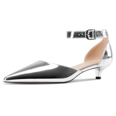 Imagem de Aachcol Sandália feminina de salto baixo com tira no tornozelo, bico fino, sapatos sociais, festa, escritório, casamento, 3,8 cm, Couro envernizado prateado, 41