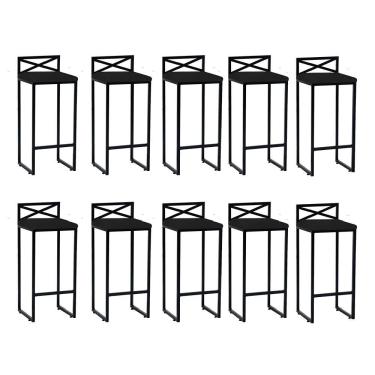 Imagem de Kit 10 Banqueta Alta Com Encosto Ema Balcão Ferro Preto Suede Preto
