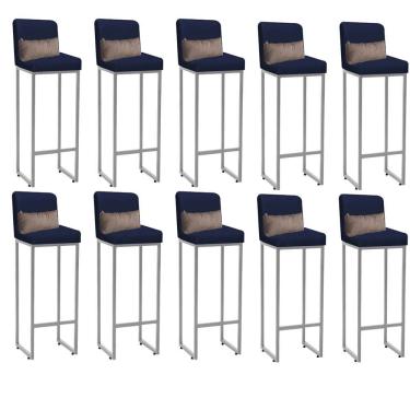 Imagem de Kit 10 Banqueta Alta Com Encosto Balcão Ferro Prata Corino Azul Marinho E Almofada Bege