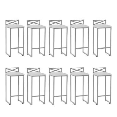 Imagem de Kit 10 Banqueta Alta Com Encosto Ema Balcão Ferro Cinza Corino Branco