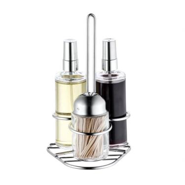 Imagem de Galheteiro De Vidro Spray Base Inox Kit 4 Peças Paliteiro