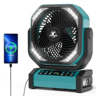 Imagem de Ventilador de acampamento com luz - Ventilador de bateria recarregável de 20000 mAh, tempo máximo de execução de 112 horas, 8 velocidades, display digital, temporizador, oscilação automática, pivô de